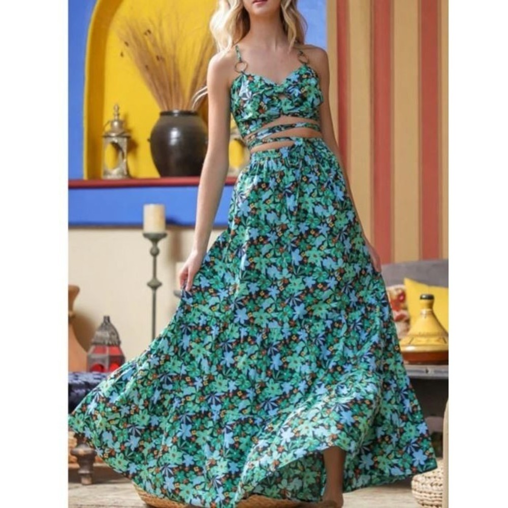 Aakaa green floral bright top Maxi Skirt Sz M Women's